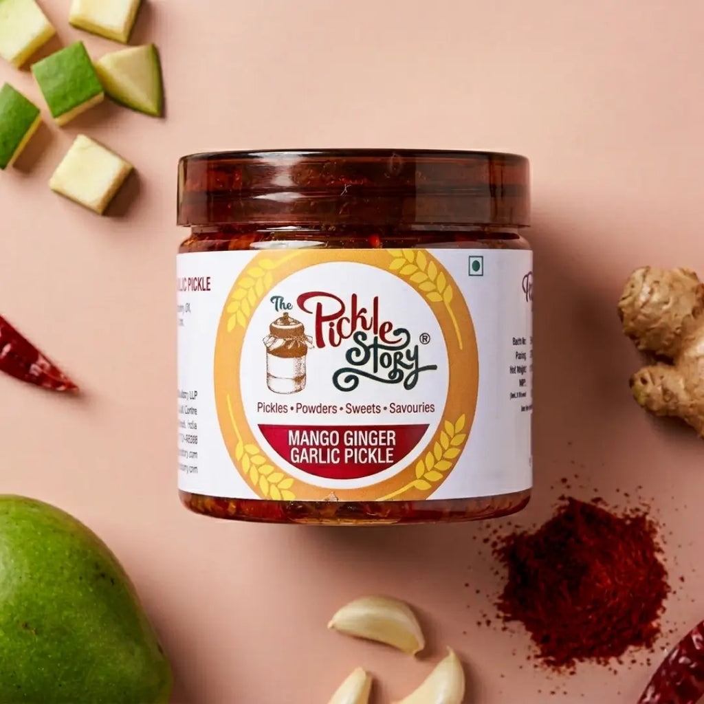 Allapkai mango ginger garlic pickle in a 200 g jar