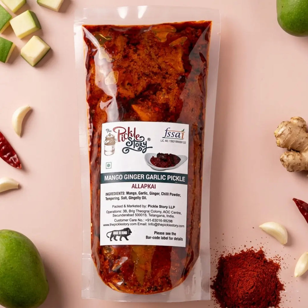 Allapkai mango ginger garlic pickle in a 250 g pouch