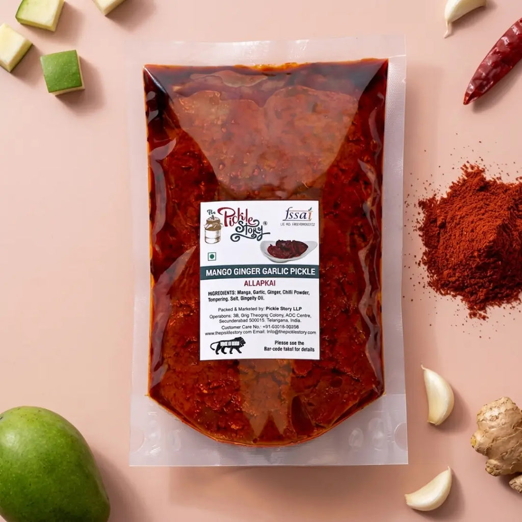 Allapkai mango ginger garlic pickle in a 500 g pouch
