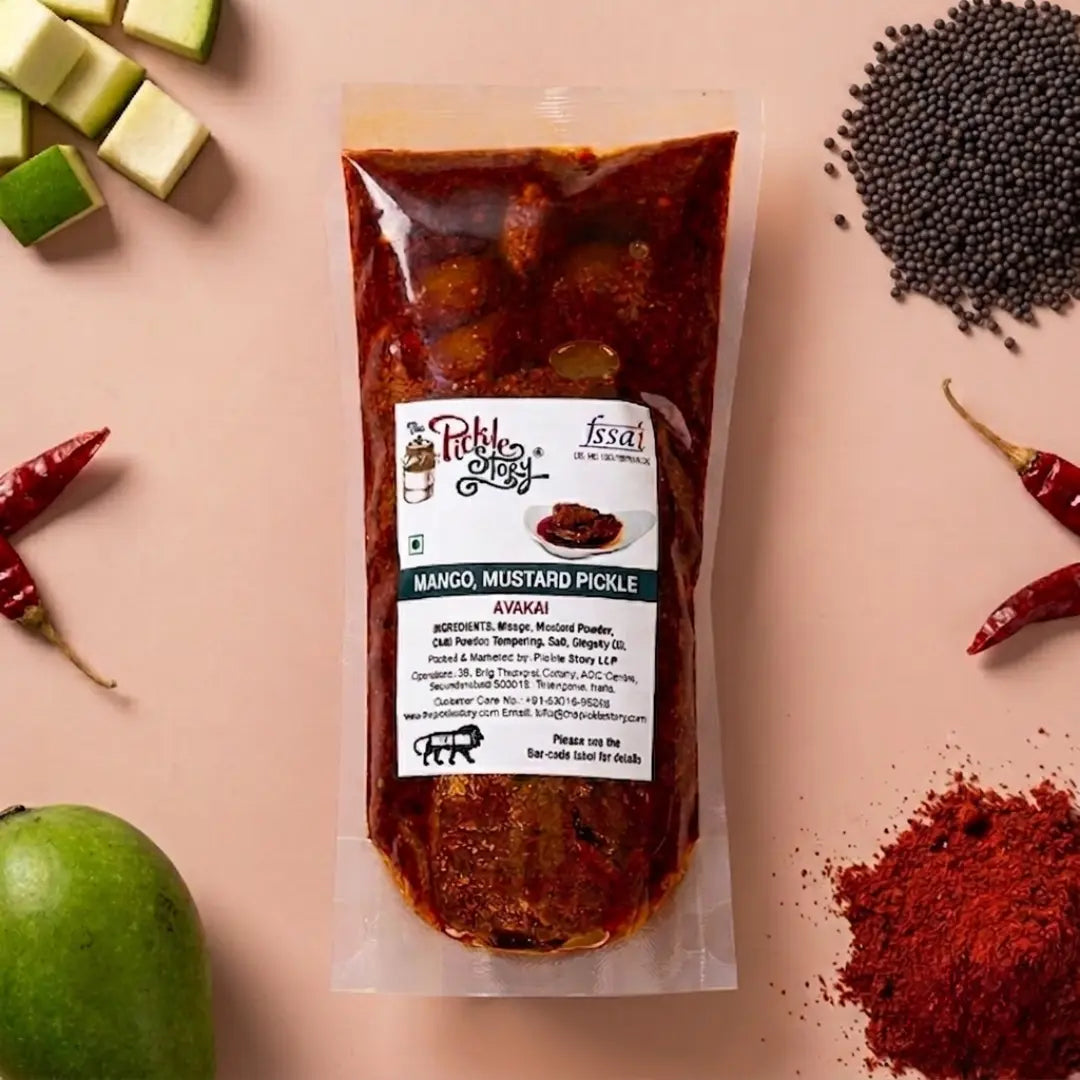 Avakai mango pickle in a 250 g pouch