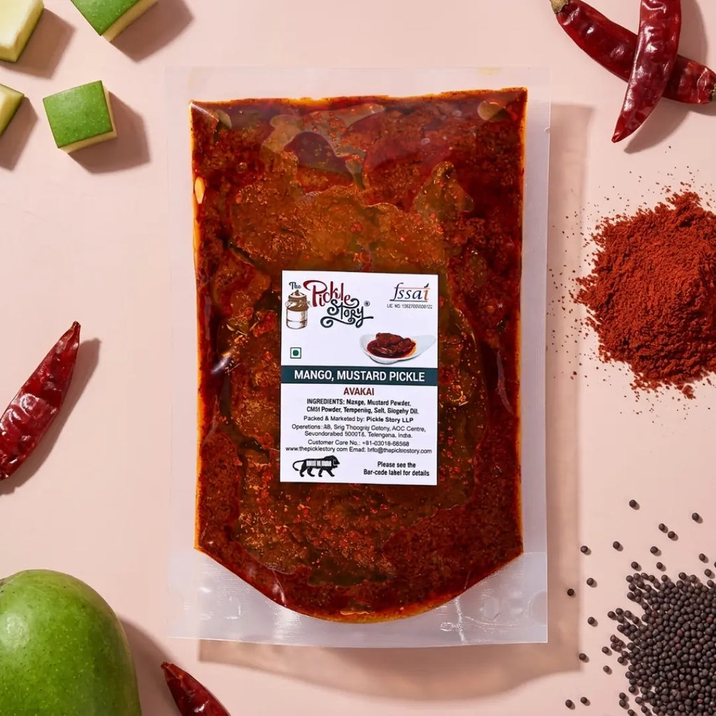 Avakai mango pickle in a 500 g pouch