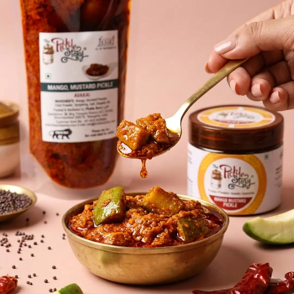 Avakai mango mustard pickle, homemade Andhra pickle by The Pickle Story