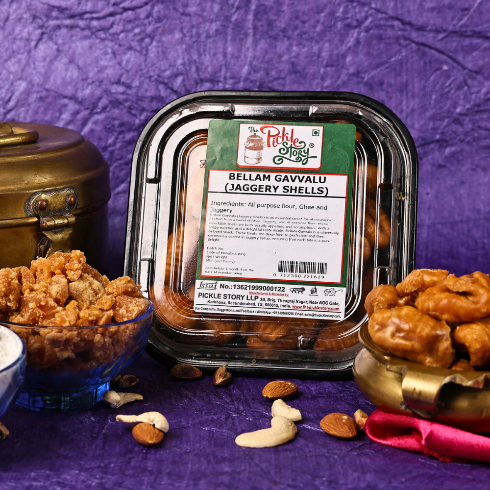 Bellam gavallu jaggery sweet shells, homemade Andhra sweet by The Pickle Story