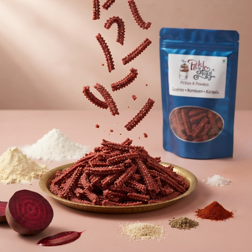 Beetroot murukku chakli, homemade Andhra snack by The Pickle Story
