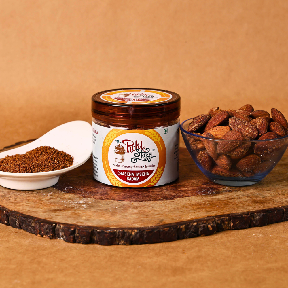 Chaska taska badam tangy masala almonds, homemade snack by The Pickle Story