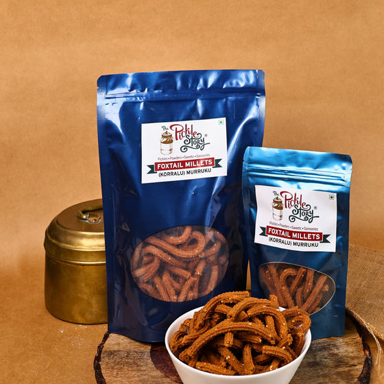 Korra foxtail millet murukku, homemade Andhra snack by The Pickle Story