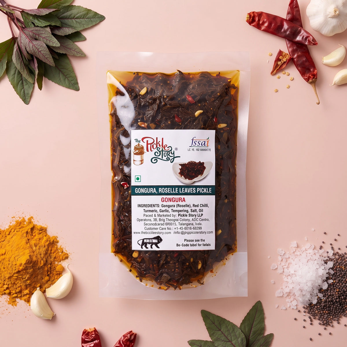 Gongura pickle in a 500 g pouch