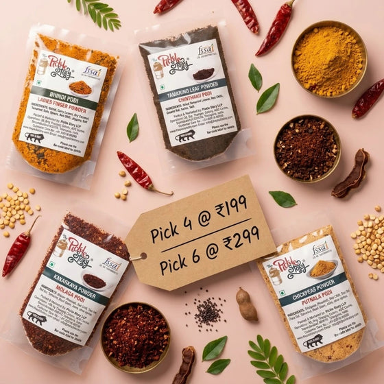 Podi taster pack: pick 4 or 6 homemade Andhra podis in 50 g packs
