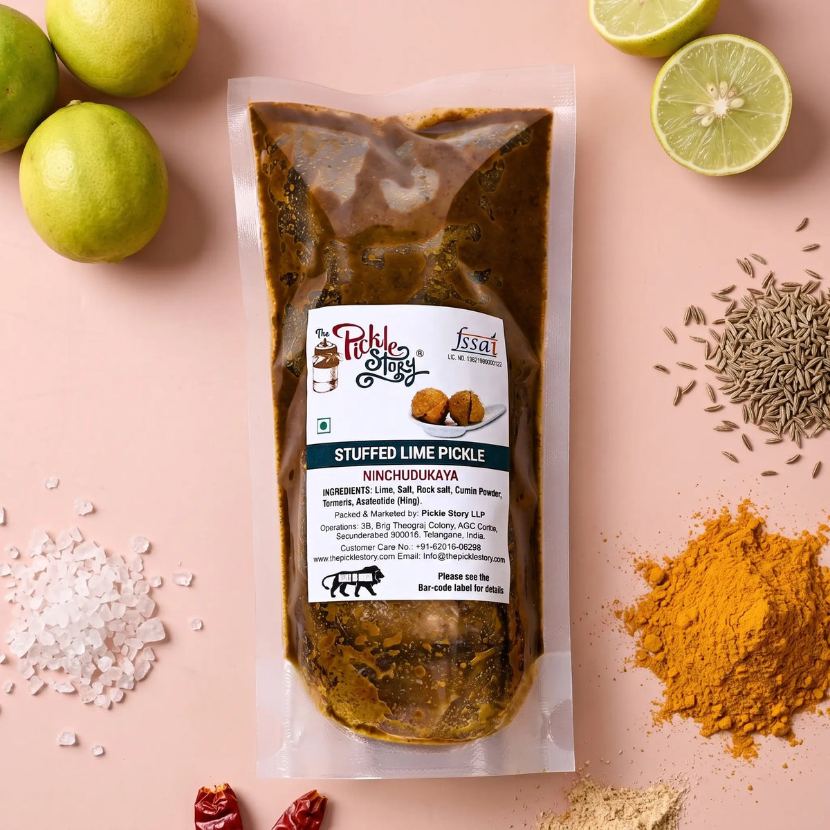 Ninchudkaya stuffed lime pickle in a 250 g pouch