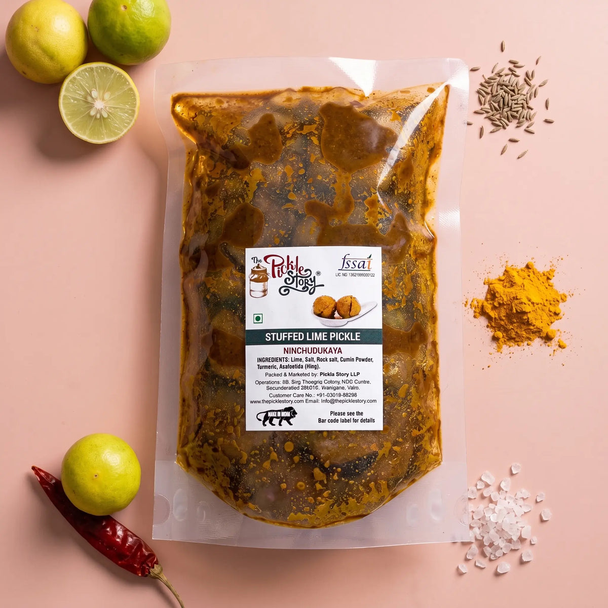 Ninchudkaya stuffed lime pickle in a 500 g pouch