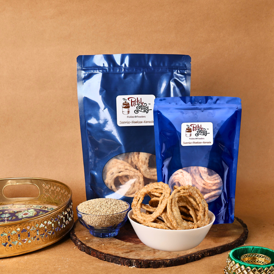 Nuvvula sakinalu sesame rice rings, homemade Andhra snack by The Pickle Story