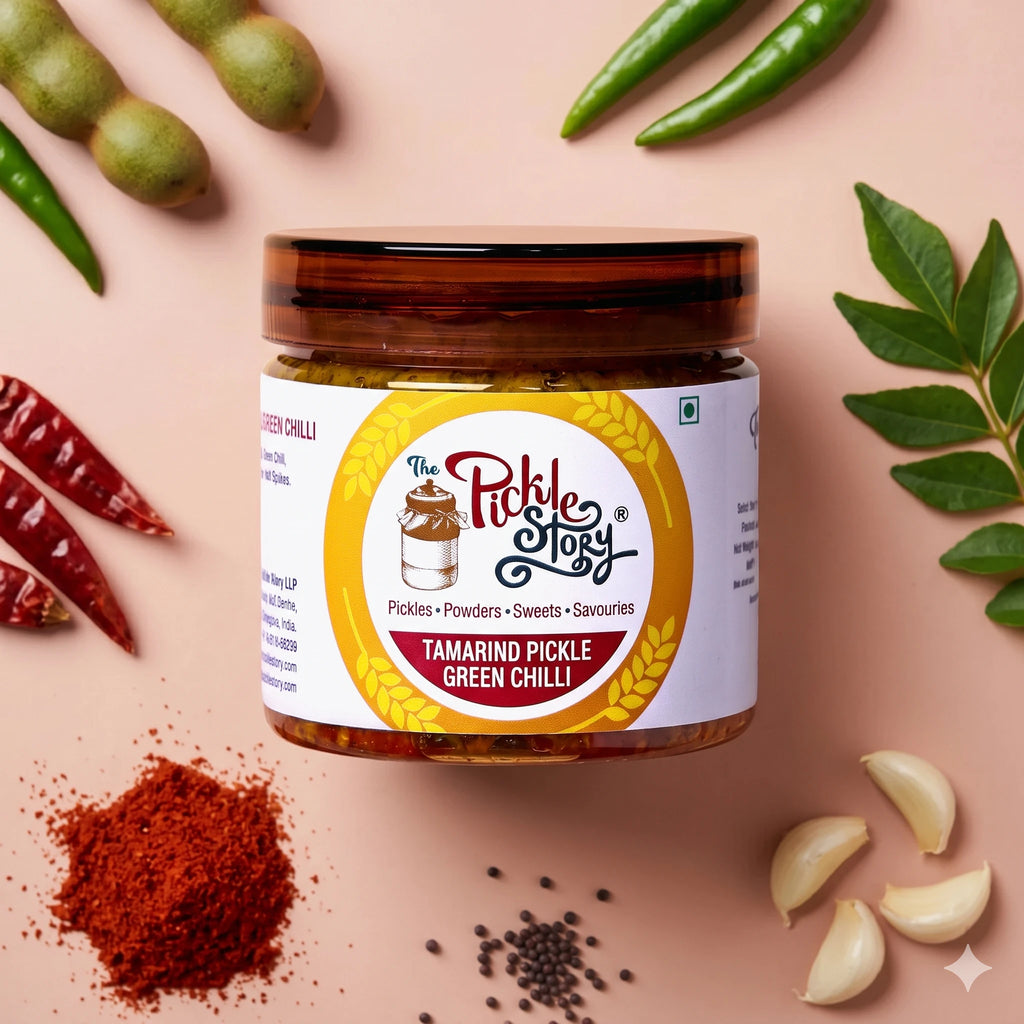 Green tamarind chilli pickle in a 200 g jar