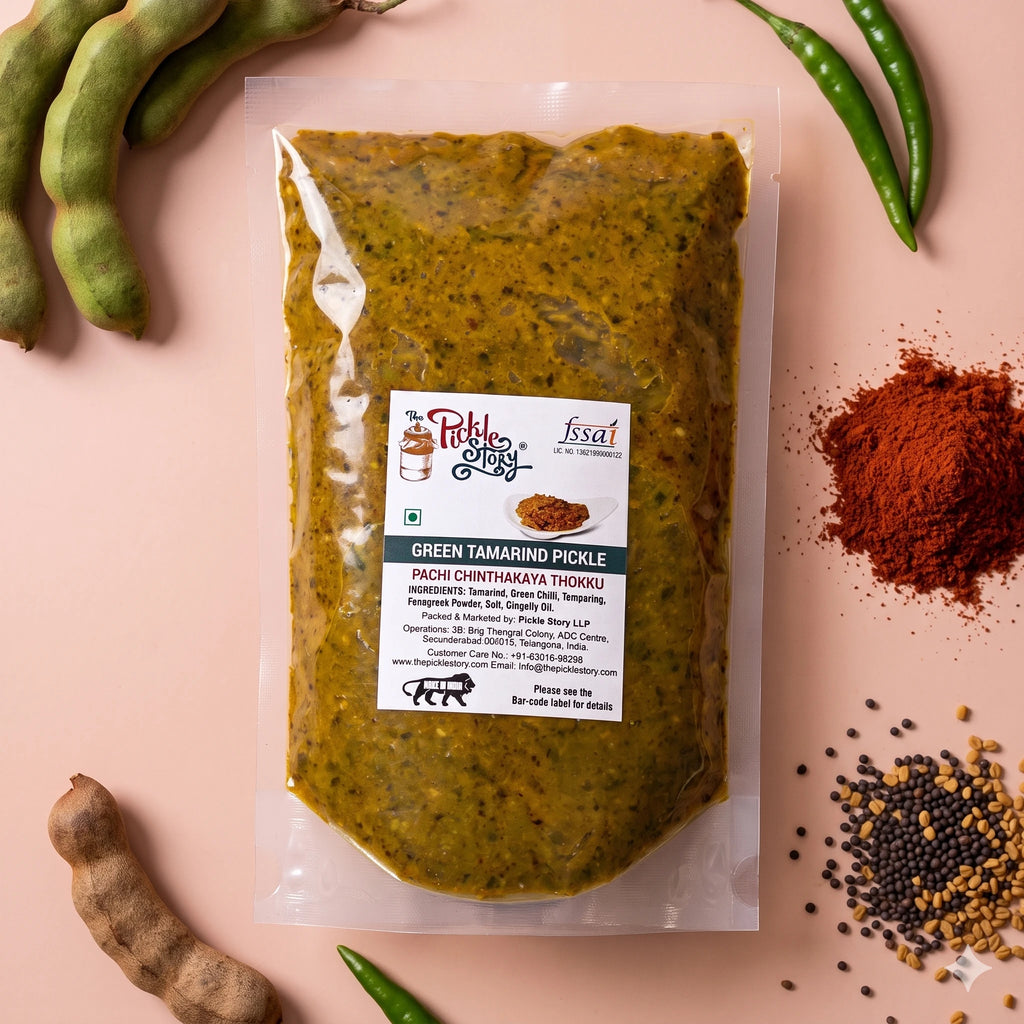 Green tamarind chilli pickle in a 500 g pouch