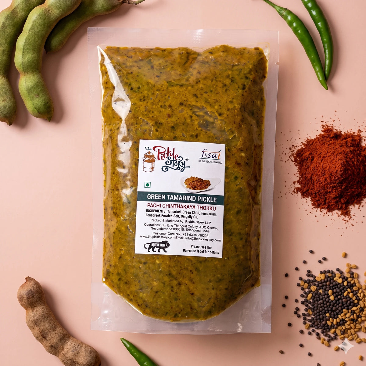 Green tamarind chilli pickle in a 500 g pouch