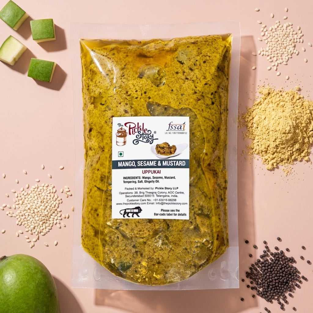 Uppukai mango pickle in a 500 g pouch