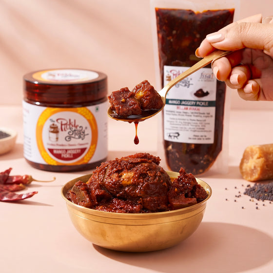 Bellam Avakai jaggery mango pickle, homemade Andhra pickle by The Pickle Story