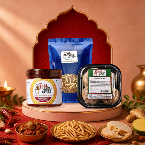 The Pickle Story Bestsellers Combo – Allapkai mango pickle, Majjiga Murukku and Pardha Puri
