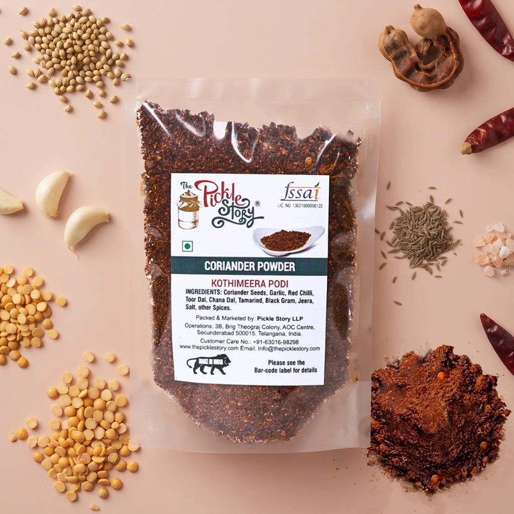 Coriander karam podi in an 80 g pack