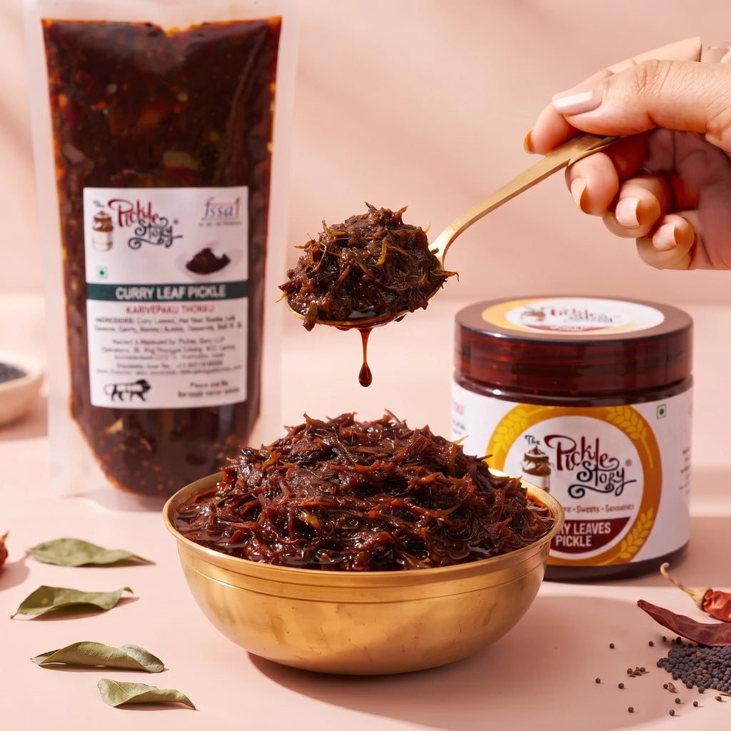 Karivepaku curry leaf pickle, homemade Andhra pickle by The Pickle Story
