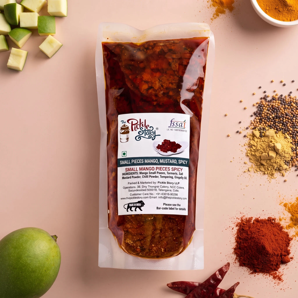 Chinna Mukkala Thokku mango pickle in a 250 g pouch