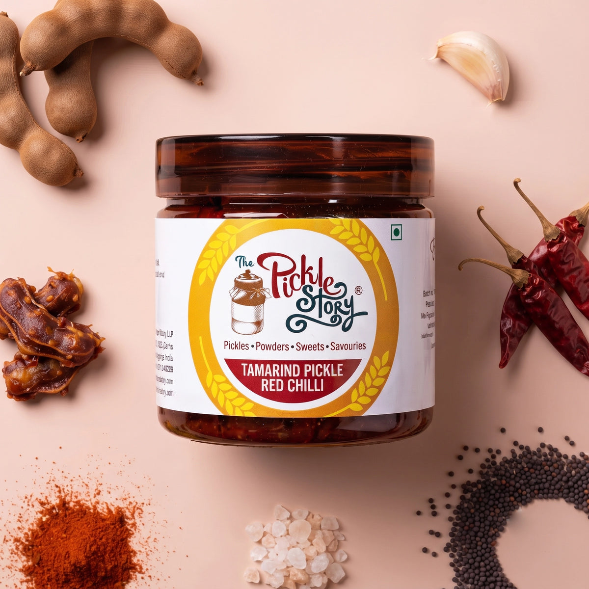 Tamarind red chilli pickle in a 200 g jar