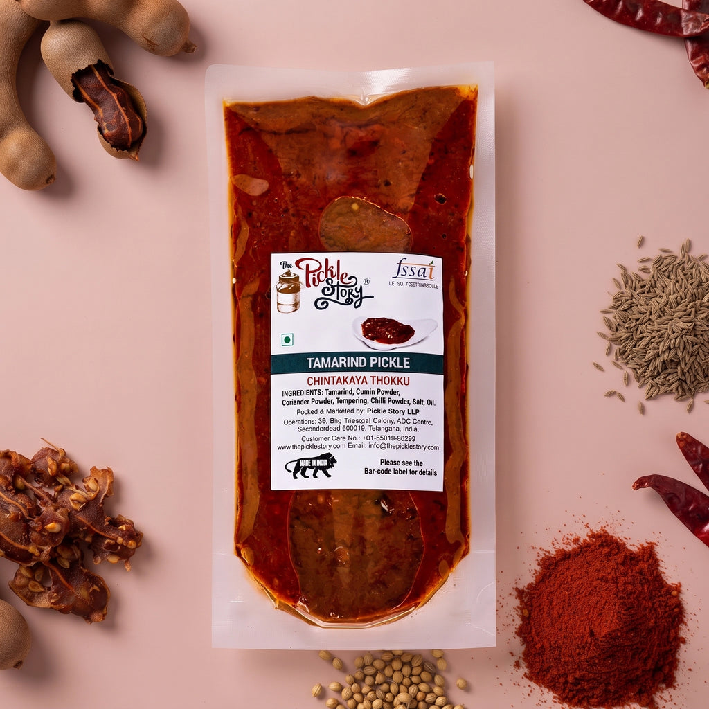 Tamarind red chilli pickle in a 250 g pouch