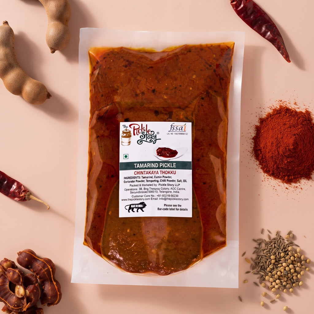Tamarind red chilli pickle in a 500 g pouch