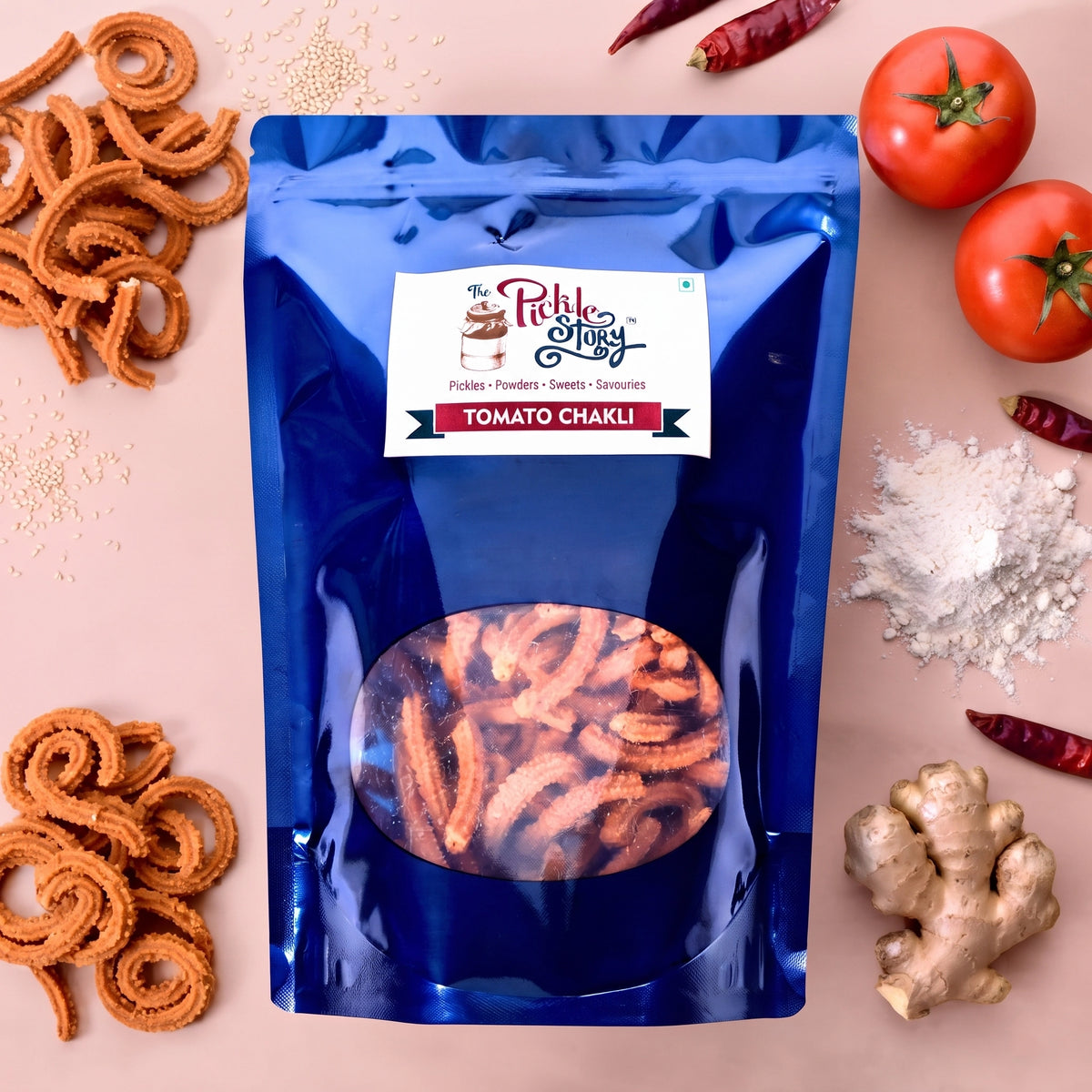 Tomato murukku in a 350 g pack