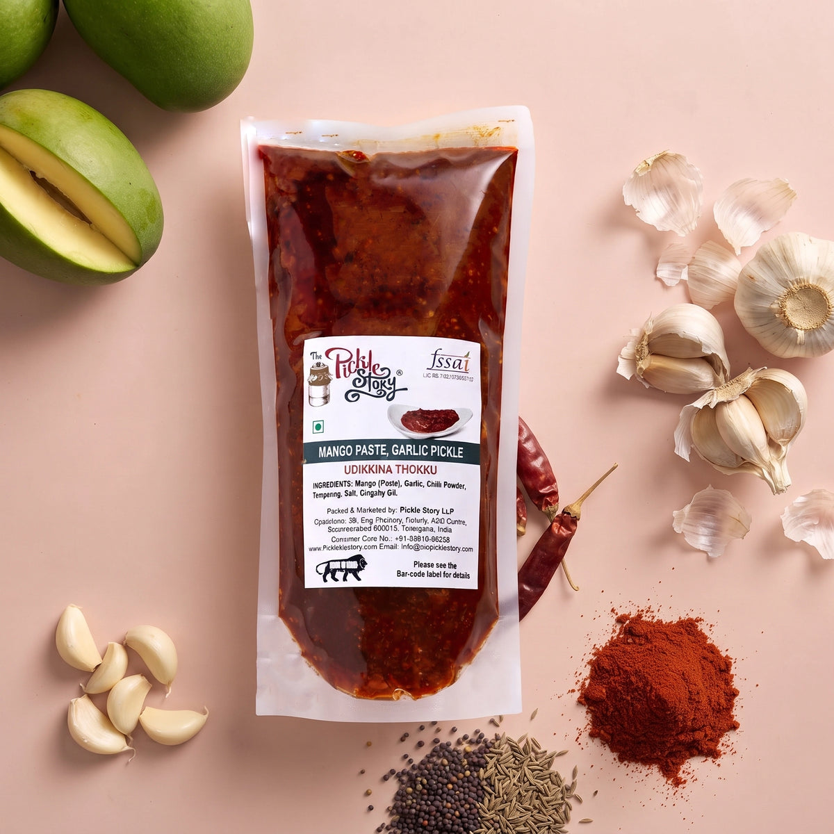 Udikkina Thokku mango pickle in a 250 g pouch